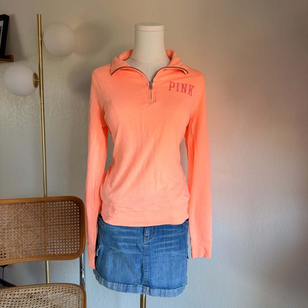 Victoria's Secret PINK Neon Orange Half Zip Pullover Sweatshirt Back Graphic